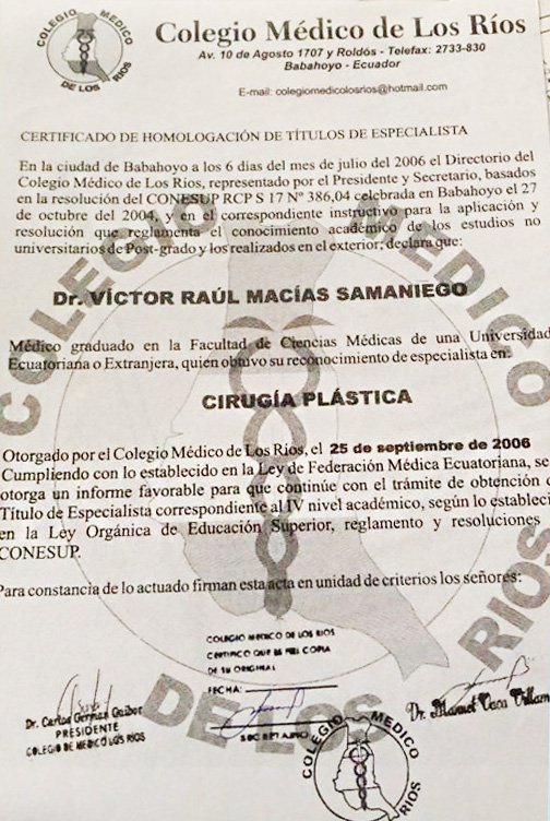 Certificación Médica - Silueta Divina Manta Ecuador